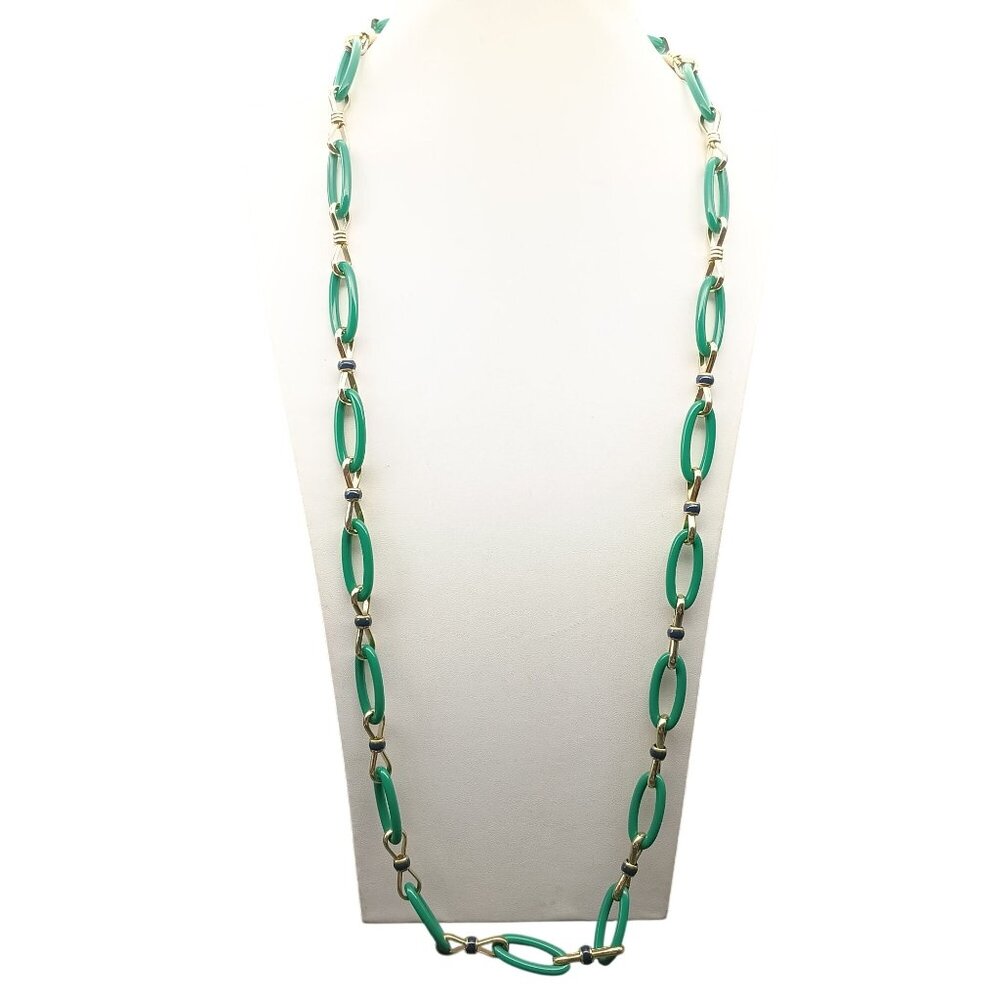 Talbots Vintage Green & Gold Oval Link Chain Necklace 38" Statement Jewelry